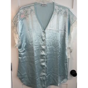 Val Mode Lingerie Nightgown Blue Satin Lace Embroider Flowers Med NWT Vintage